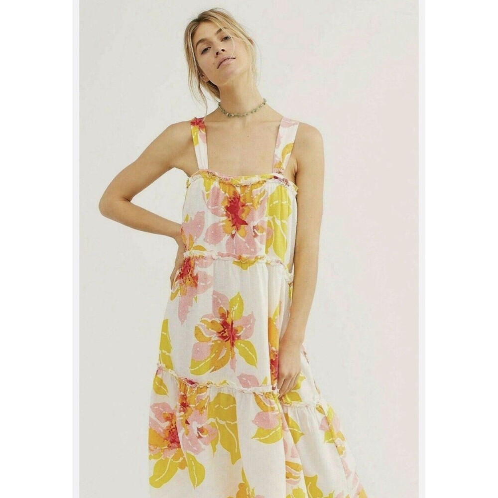 Free People Dress Midi Floral Tiered Tropical Boho Flowing Moonshine White XS
